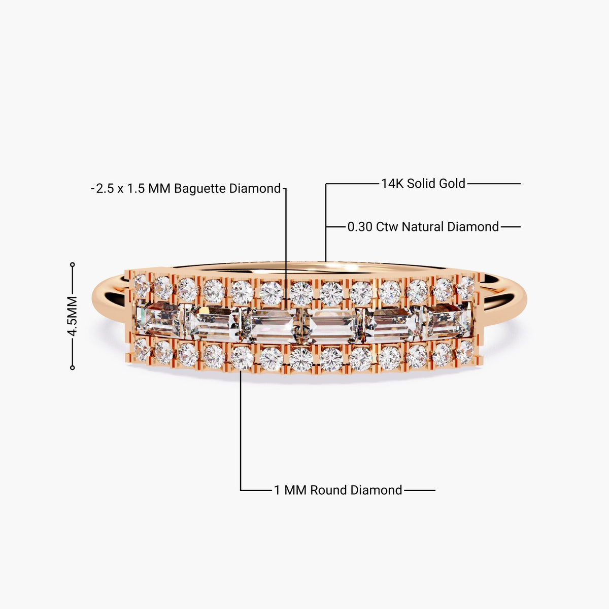 14k rose gold three-row diamond ring. The center row features 2.5 x 1.5 mm baguette-cut natural diamonds set horizontally, framed by 1 mm round diamonds. Total diamond weight is 0.30 carats. The band height is 4.5 mm.