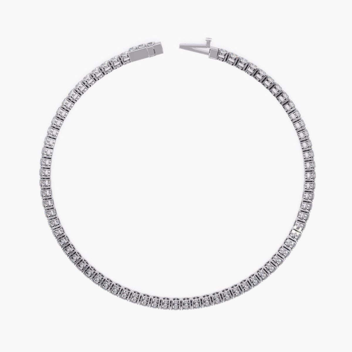 Back view of a 14K white gold diamond tennis bracelet arranged in a circular shape on a white background. The secure clasp is shown open, and the detailed under-gallery of the round diamond settings is visible, highlighting the fine craftsmanship and flexible structure of the bracelet.