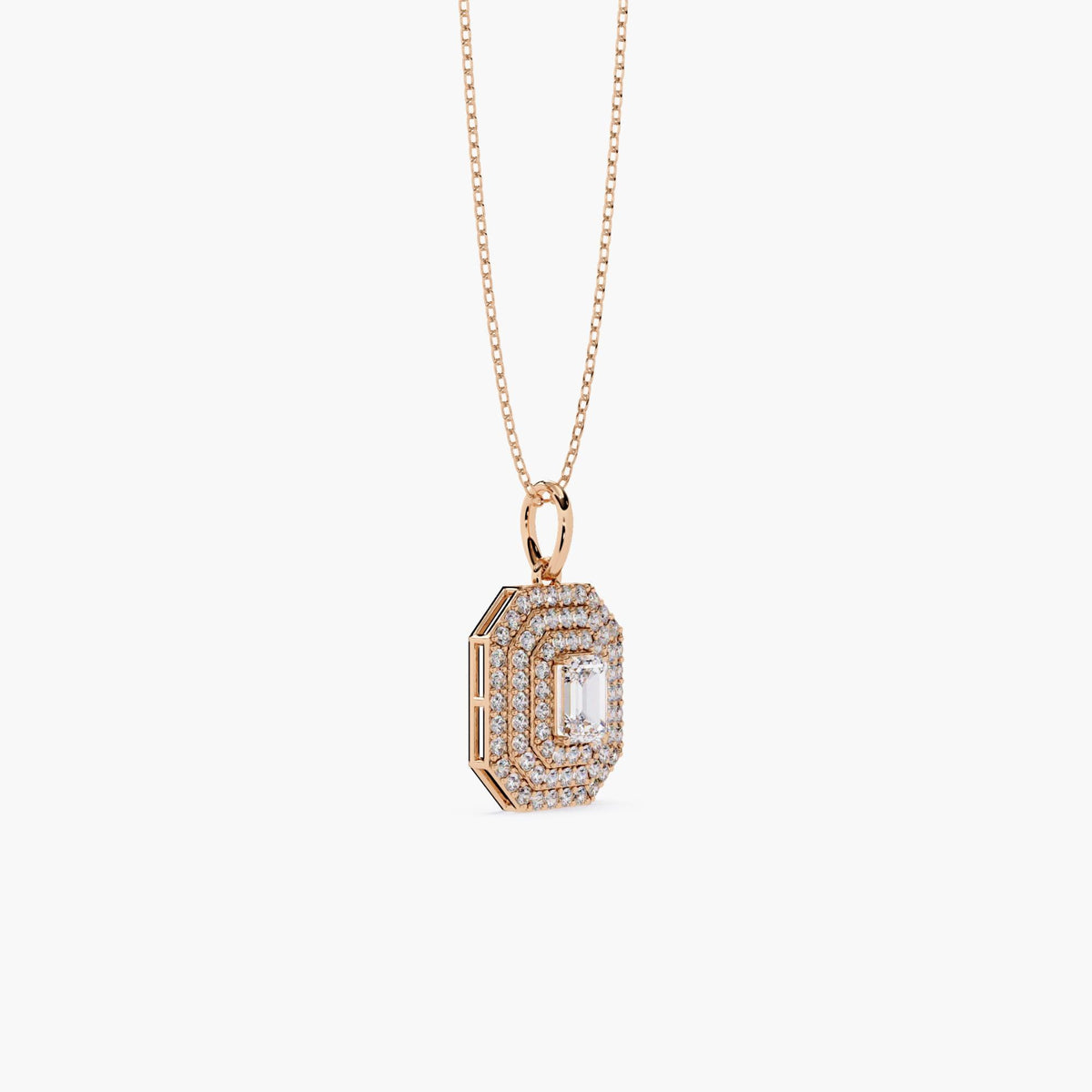 Emerald cut lab grown diamond pendant necklace in 14K solid gold with halo setting, minimalist dainty fine jewelry for women