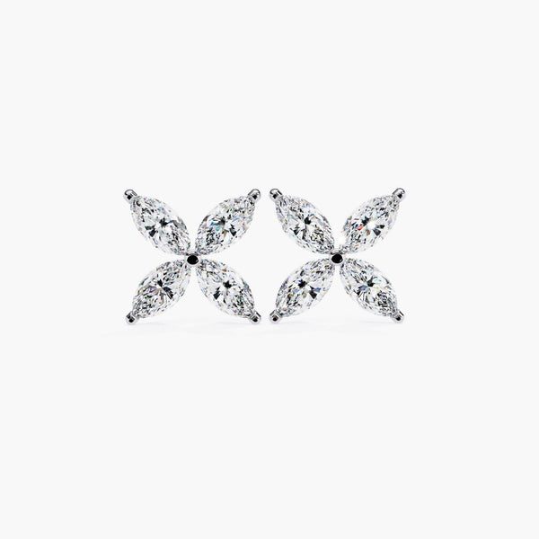 4 Marquise Lab Grown Diamond Stud Earrings, 14K Gold Clover Studs, Dainty Floral Diamond Earrings, Minimal Gift Jewelry for Her