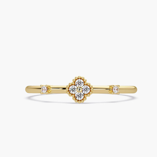 4 Leaf Clover Diamond Ring in 14K Gold, Dainty Cluster Flower Ring, Minimalist Stacking Real Diamond Ring, April Birthstone Gift for Her