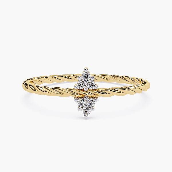 14k Solid Gold Rope Ring with Diamond, Triangle Gold Diamond Ring, Delicate 1.3mm Stacking Ring
