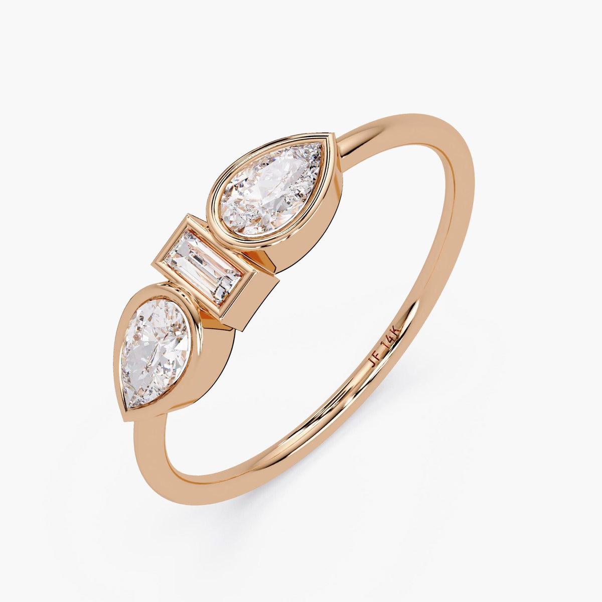 Pear and Baguette Diamond Ring in 14K Gold, Bezel Set Three Stone Ring, Horizontal Pear Diamond, 1st Anniversary Gift for Her