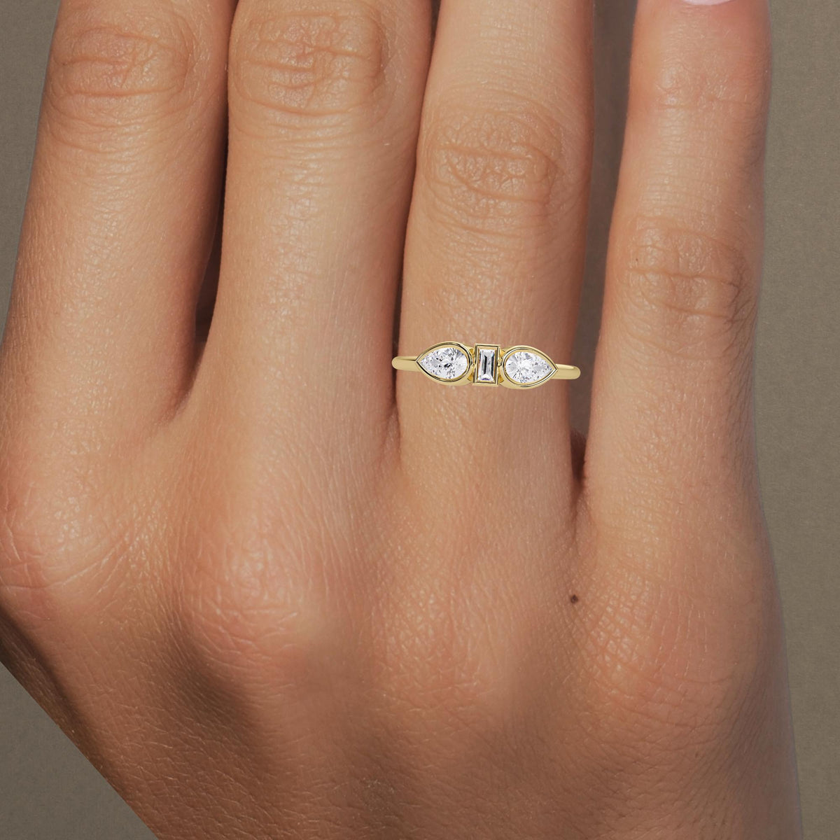 Pear and Baguette Diamond Ring in 14K Gold, Bezel Set Three Stone Ring, Horizontal Pear Diamond, 1st Anniversary Gift for Her