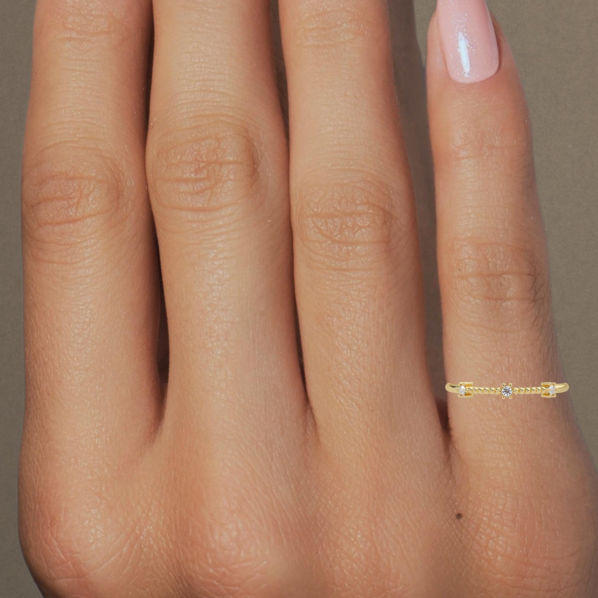 3 Small Diamond and Bead Ring in 14K Gold, Real Diamond Minimalist Stacking Band, Bridesmaids or 3rd Anniversary Gift