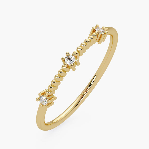 3 Small Diamond and Bead Ring in 14K Gold, Real Diamond Minimalist Stacking Band, Bridesmaids or 3rd Anniversary Gift