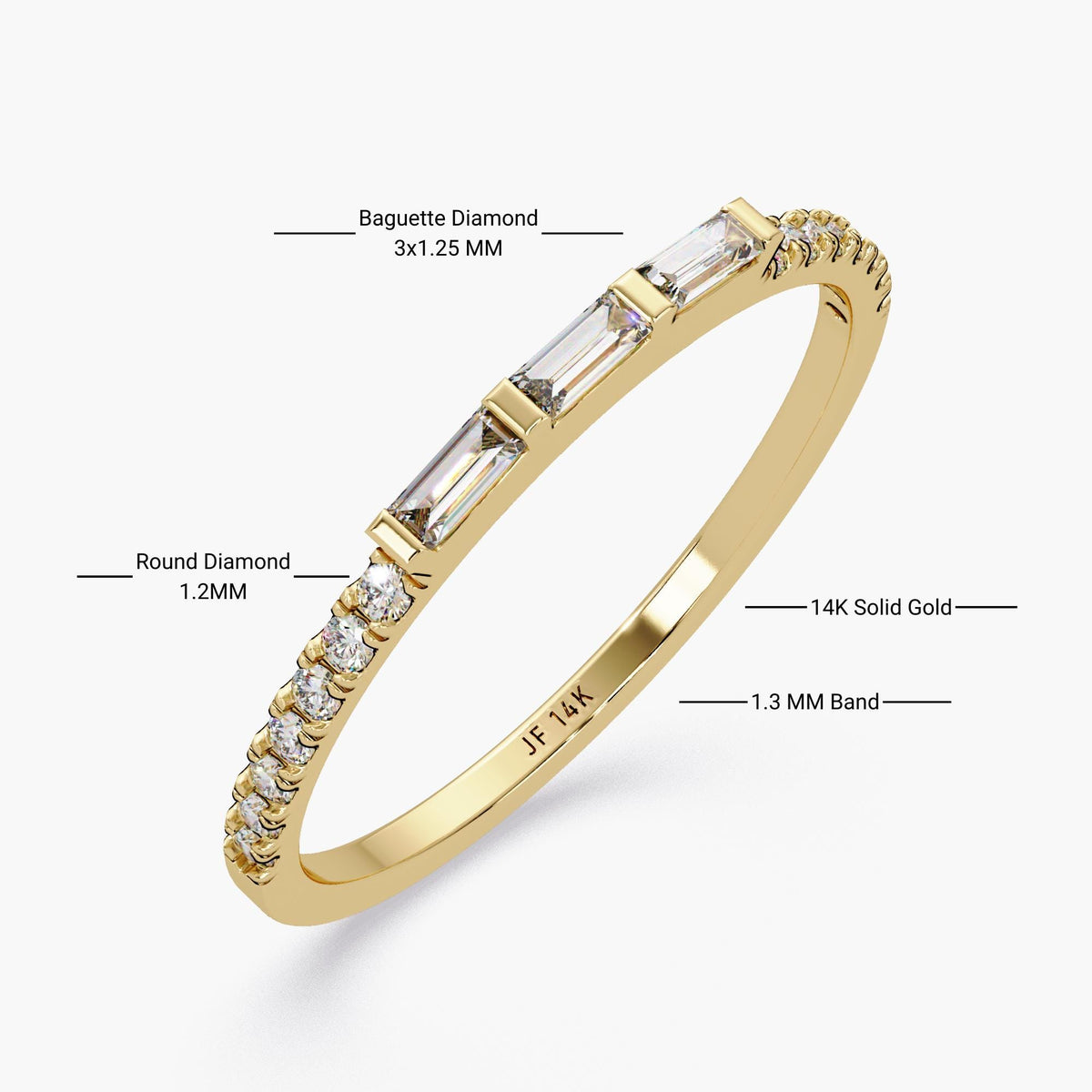 14K Gold Round & Baguette Diamond Ring | Dainty Half Eternity Wedding Band | Lab Grown Diamond Stacking Ring | Minimalist Bridal Jewelry