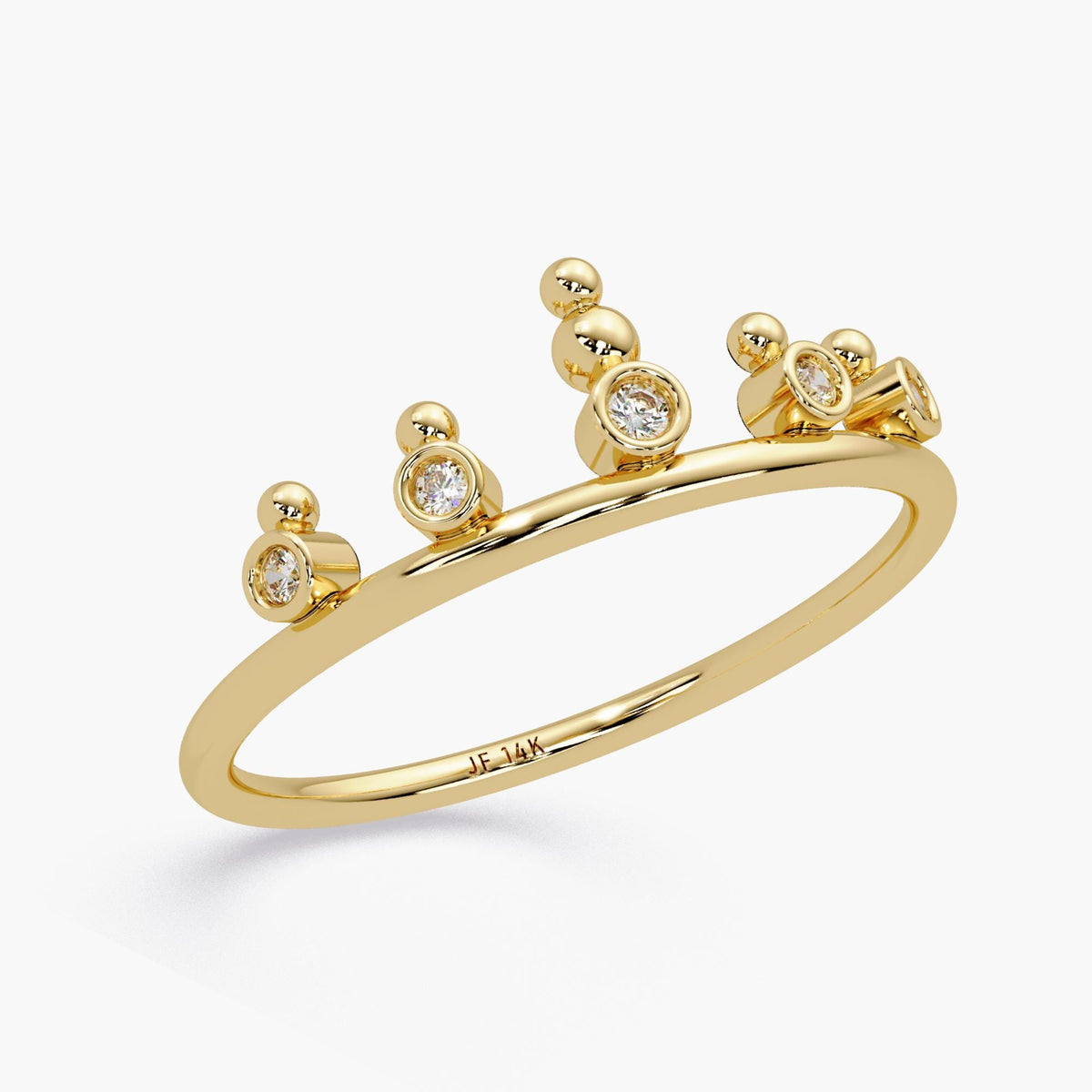 14K Gold Crown Diamond Ring, Bezel Tiara Band with Round Real Diamonds, Dainty Minimalist Stacking Ring Gift for Her
