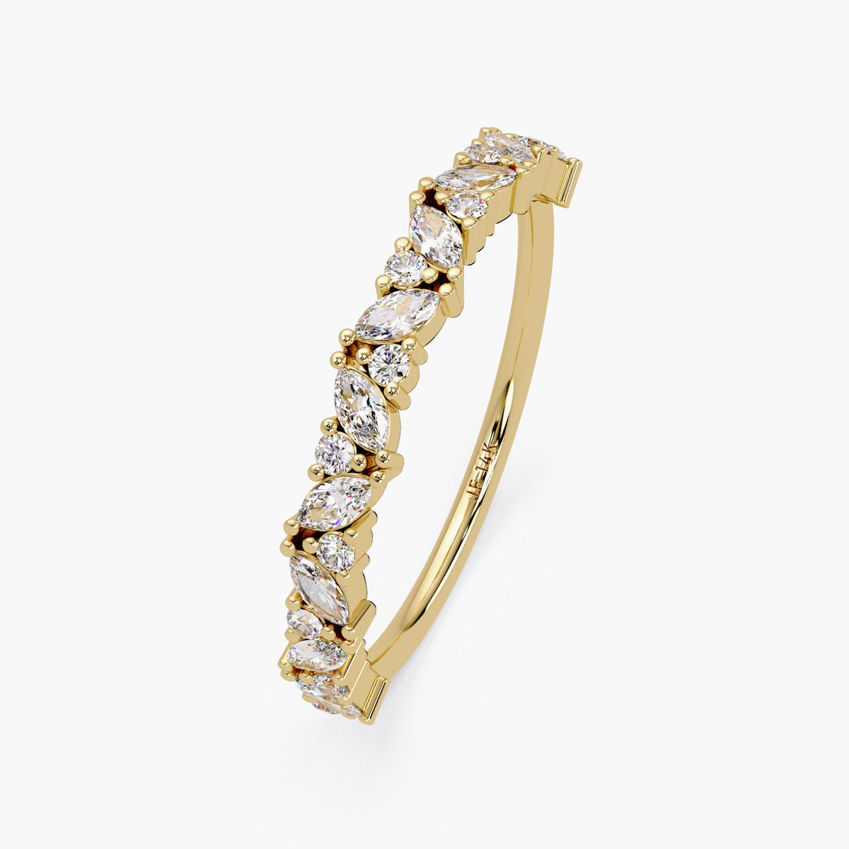 14K Gold Alternating Marquise & Round Diamond Band, Mix Cut Half Eternity Wedding Ring, Dainty Stacking Ring for Women