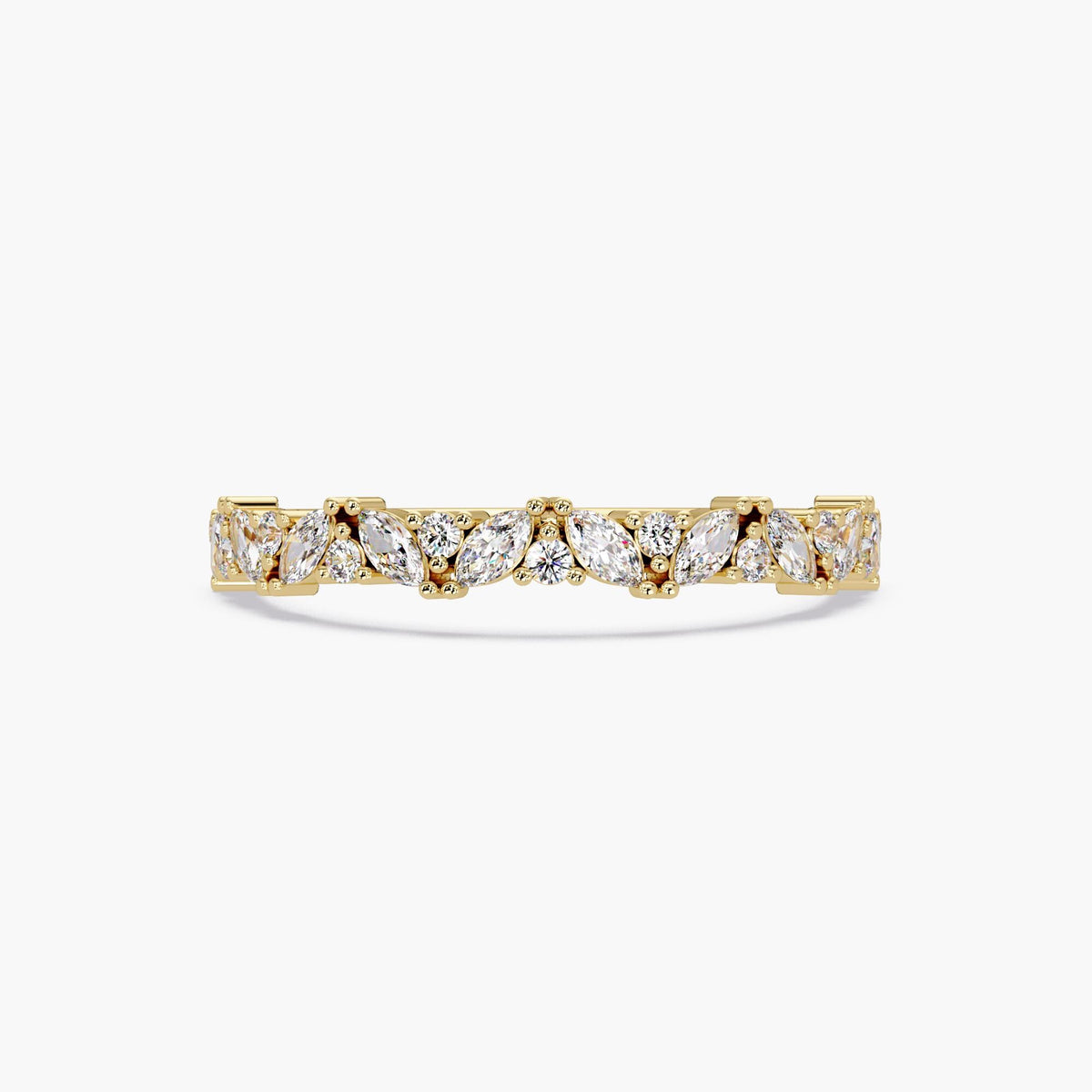 14K Gold Alternating Marquise & Round Diamond Band, Mix Cut Half Eternity Wedding Ring, Dainty Stacking Ring for Women