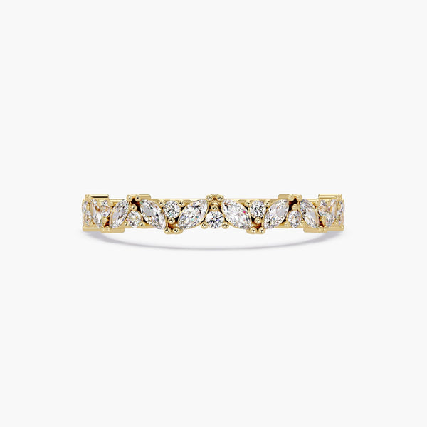 14K Gold Alternating Marquise & Round Diamond Band, Mix Cut Half Eternity Wedding Ring, Dainty Stacking Ring for Women