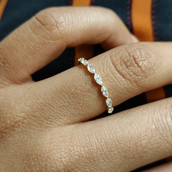 14K Gold Marquise Lab Grown Diamond Wedding Band - Half Eternity Stackable Ring
