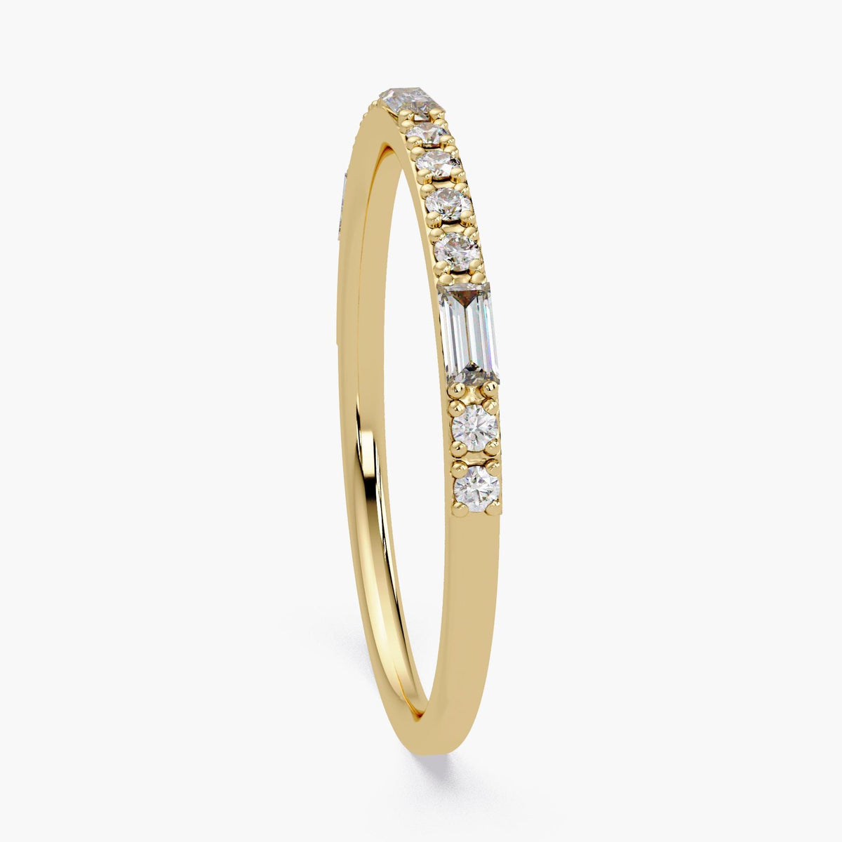 14K Gold Baguette and Round Diamond Ring, Thin 1.3mm Lab Grown Stackable Band, Dainty Wedding or Promise Ring