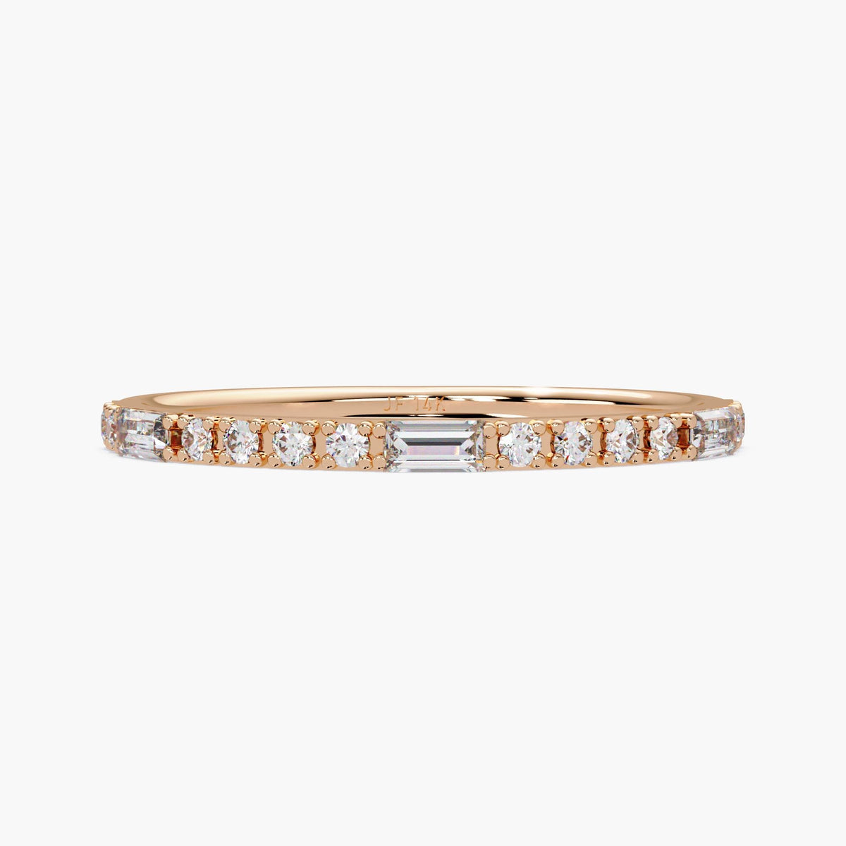14K Gold Baguette and Round Diamond Ring, Thin 1.3mm Lab Grown Stackable Band, Dainty Wedding or Promise Ring
