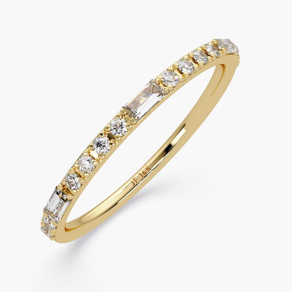 14K Gold Baguette and Round Diamond Ring, Thin 1.3mm Lab Grown Stackable Band, Dainty Wedding or Promise Ring