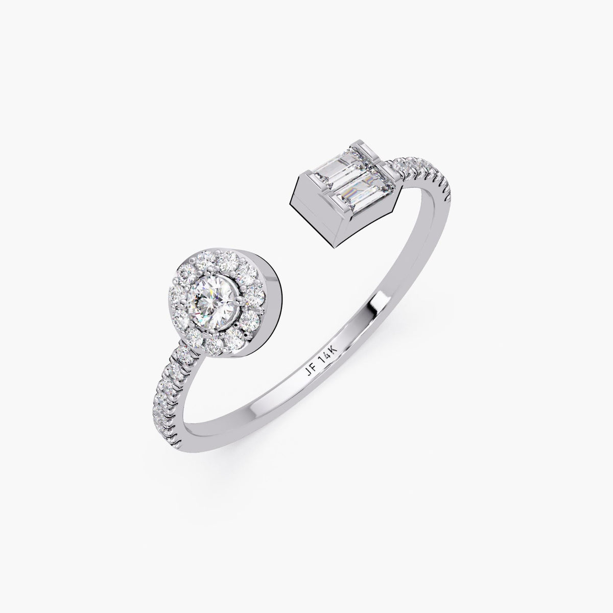 Dainty Open Diamond Ring, Toi et Moi Diamond Bypass Ring, Round Halo and Baguette Diamond Ring, Dainty Modern Ring, Jewelry Gift