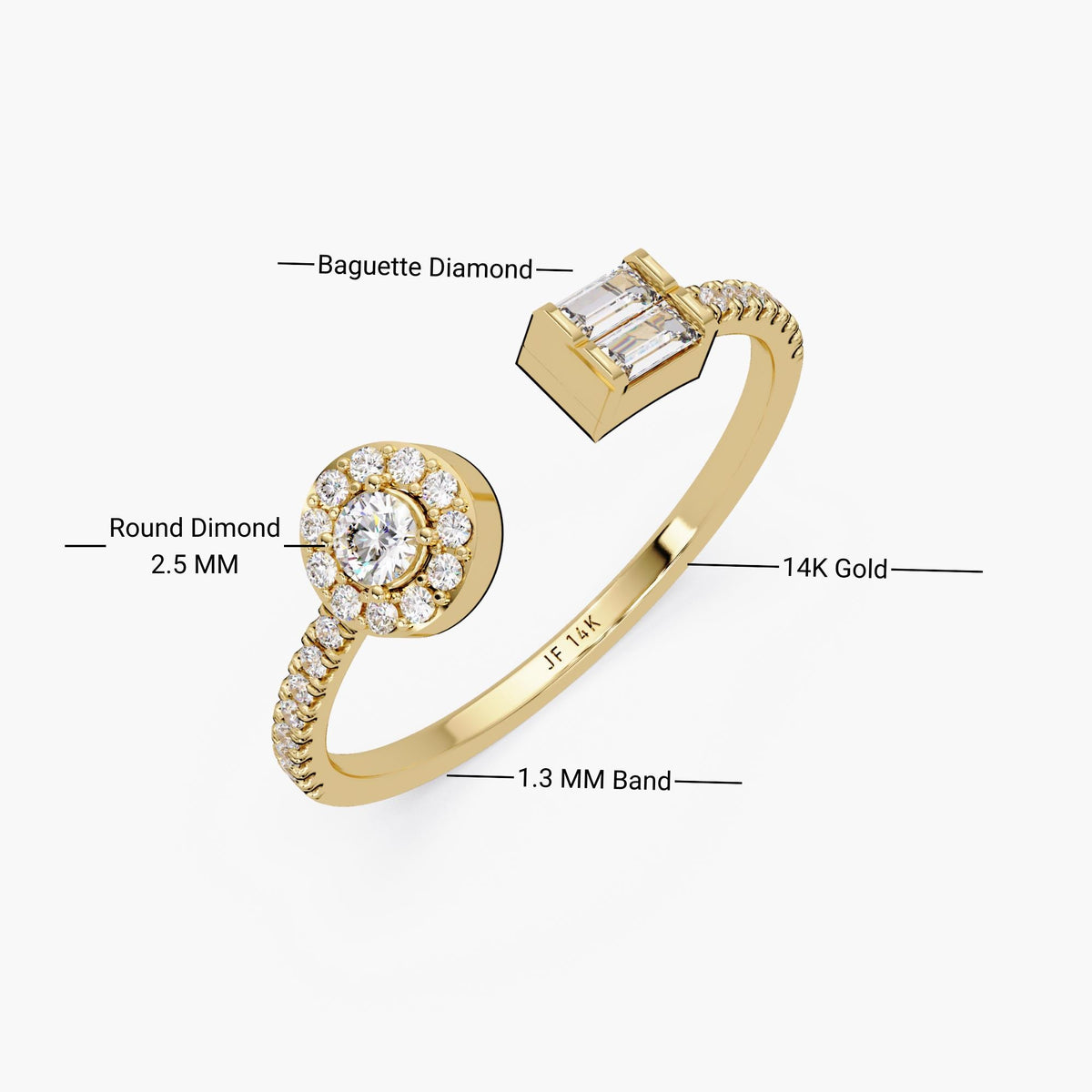 Dainty Open Diamond Ring, Toi et Moi Diamond Bypass Ring, Round Halo and Baguette Diamond Ring, Dainty Modern Ring, Jewelry Gift