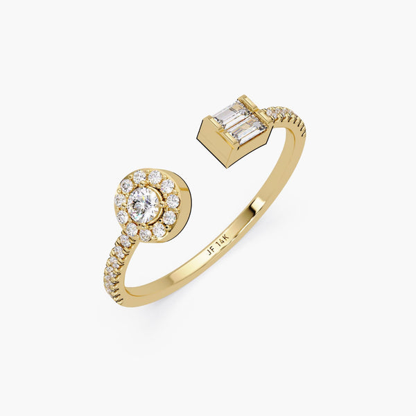 Dainty Open Diamond Ring, Toi et Moi Diamond Bypass Ring, Round Halo and Baguette Diamond Ring, Dainty Modern Ring, Jewelry Gift