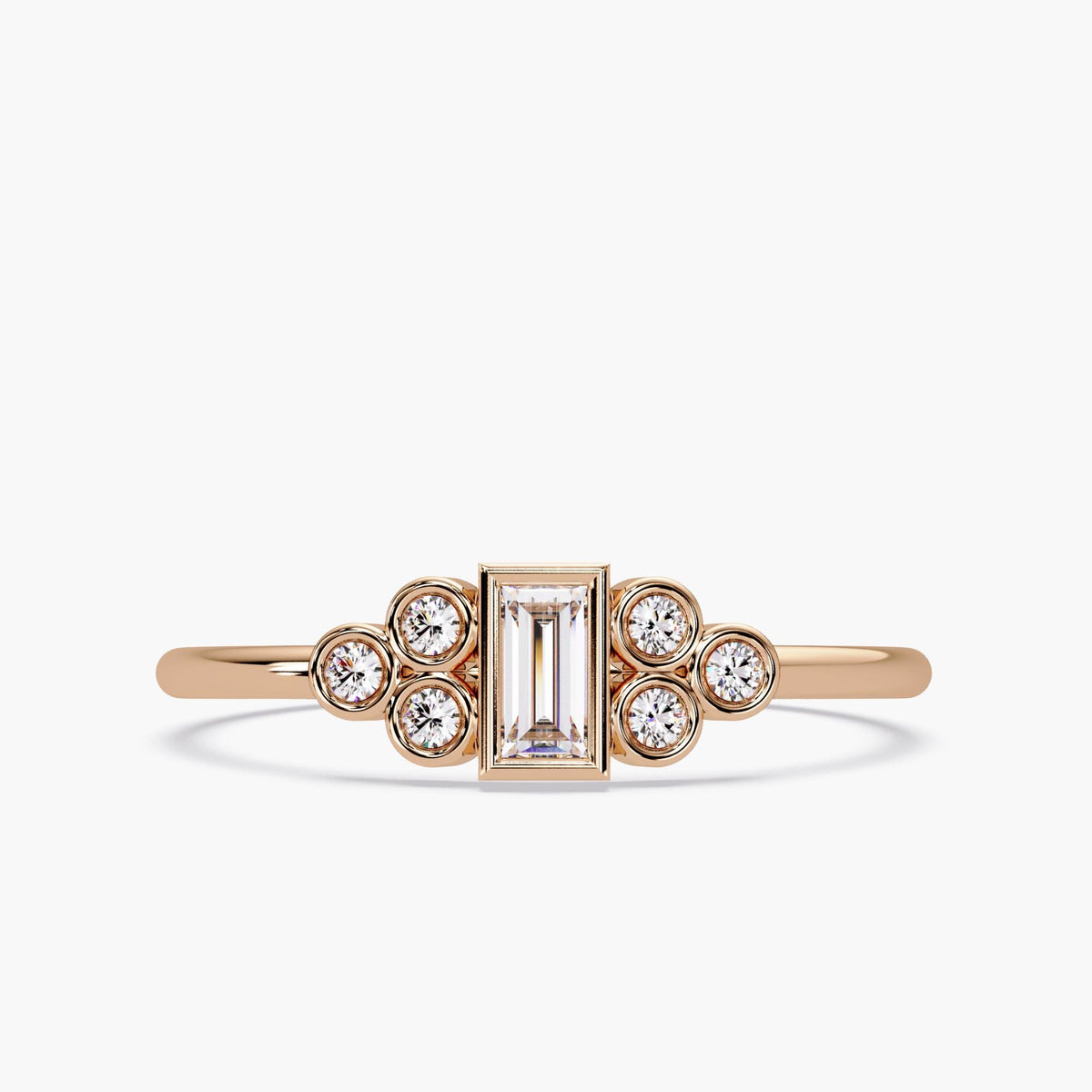 14K Gold Baguette Cluster Ring, Baguette Bezel Diamond Ring, Dainty Baguette Stacking Ring, Gold Bubble Cluster Ring, Gift for Friend
