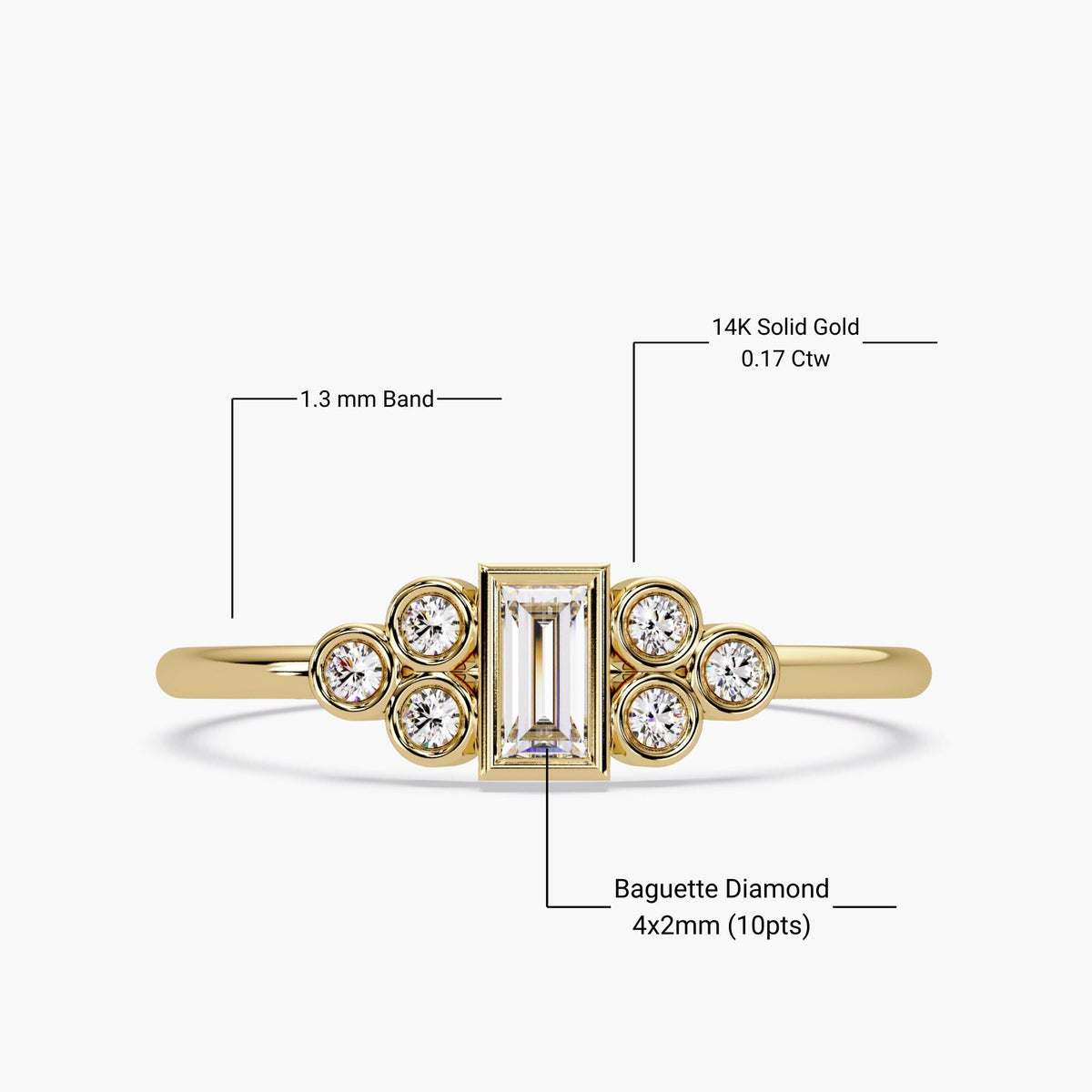 14K Gold Baguette Cluster Ring, Baguette Bezel Diamond Ring, Dainty Baguette Stacking Ring, Gold Bubble Cluster Ring, Gift for Friend