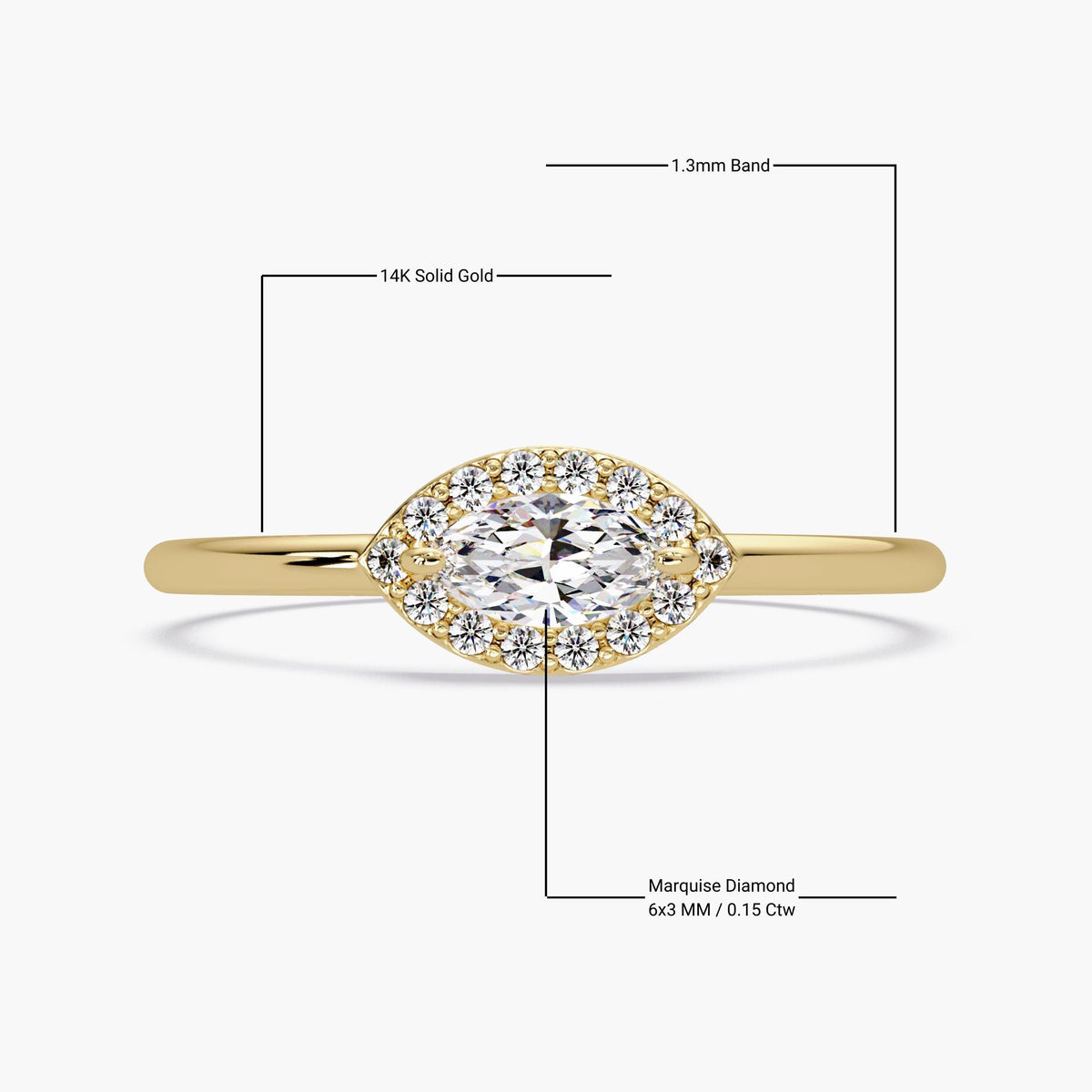 Dainty Gold Ring Marquise, Marquise Diamond Ring Small, Marquise Sideway Diamond Ring, Simple Gold Solitaire Halo Ring