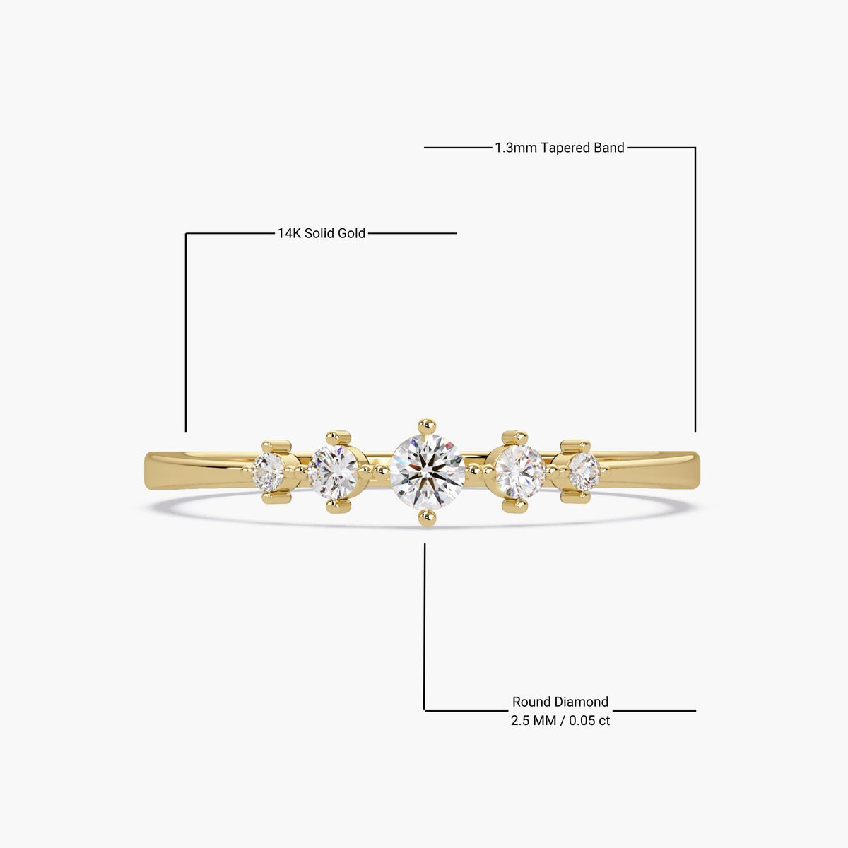 14K Solid Gold Tapered Diamond Band with Size Dimensions.