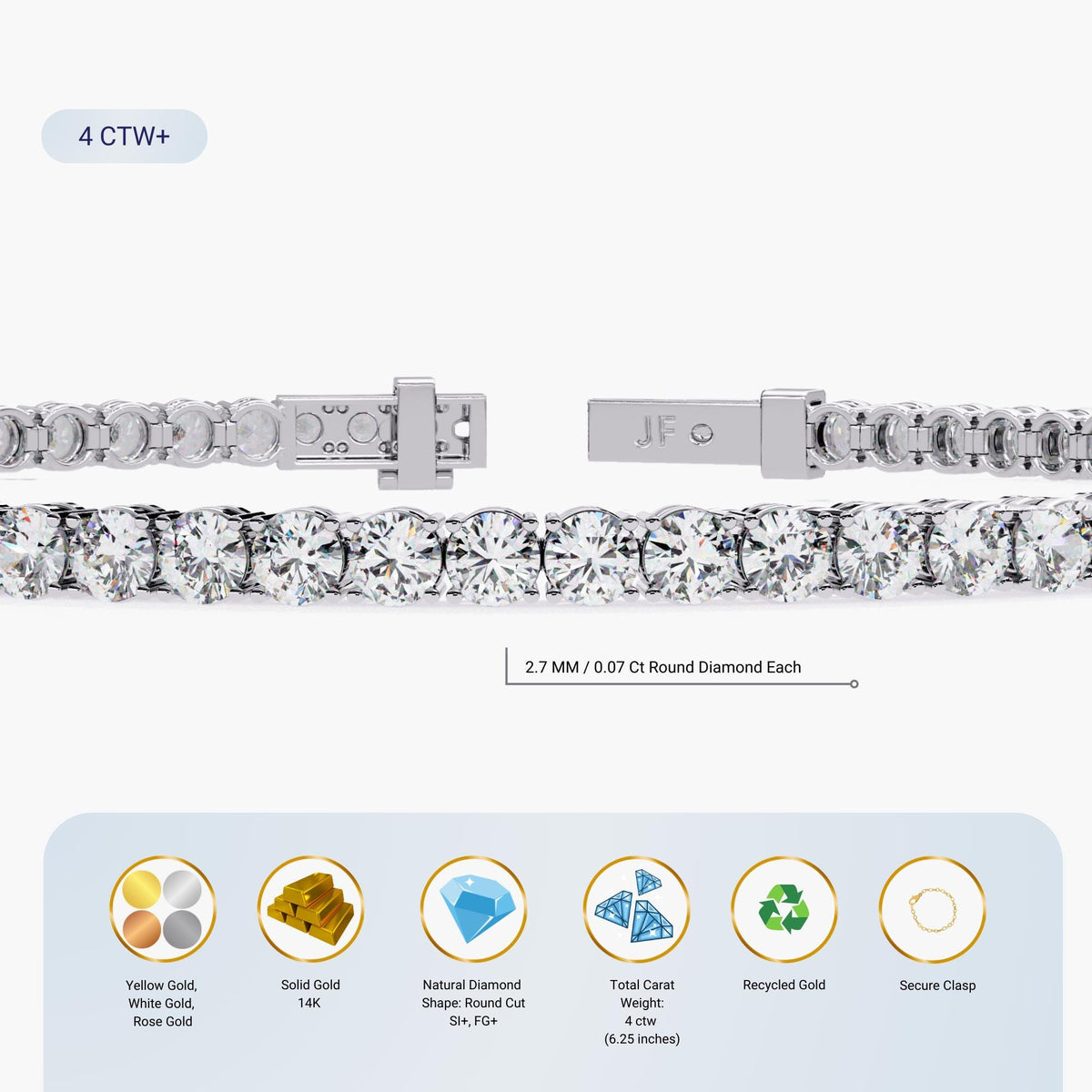 A white gold diamond tennis bracelet featuring 2.7mm round cut natural diamonds with a total carat weight of 4ctw. Image includes product details like SI+ clarity, FG+ color, and secure clasp, displayed on a white background with infographic icons below.