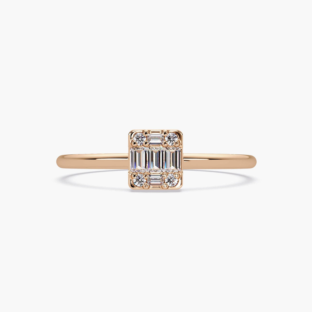 Rectangle baguette diamond ring photographed from top for detail