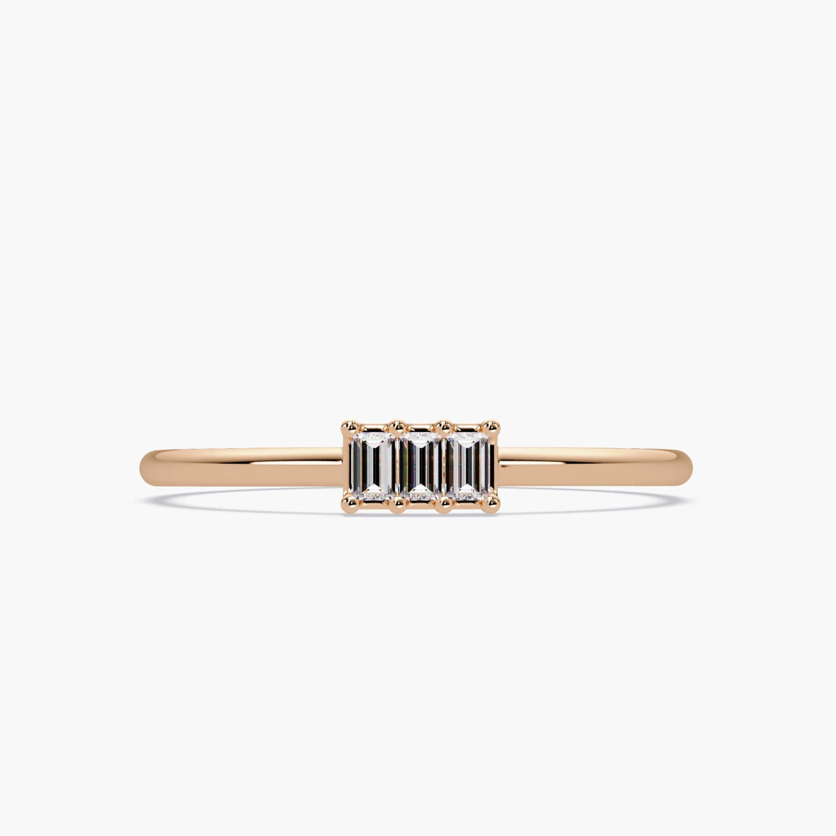 Rose Gold front view of Baguette Diamond Bar Ring in 14K Gold, Minimalist Stackable Ring, Modern Baguette Ring, Dainty Everyday Diamond Band