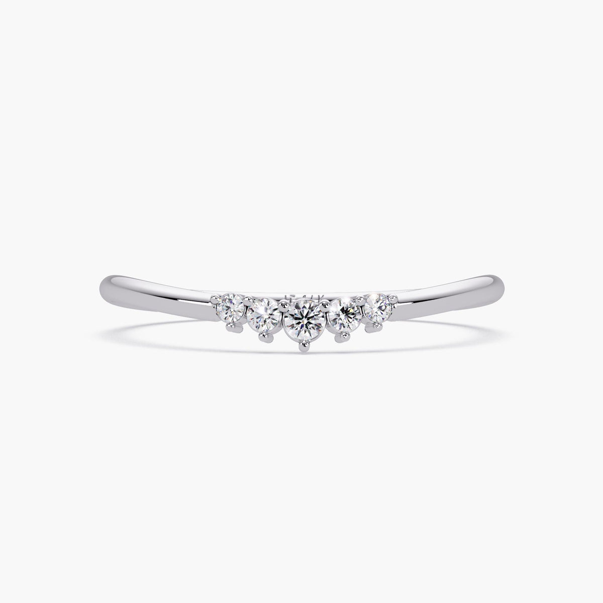 14k white gold curved band with five diamonds, front view.