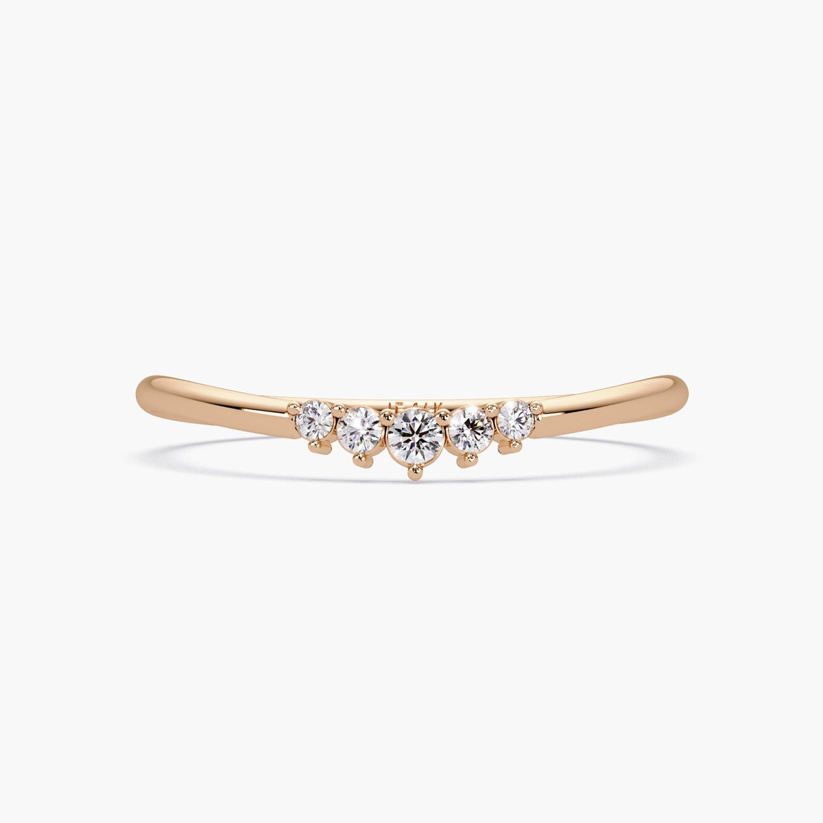 14k rose gold curved band with five diamonds, front view.