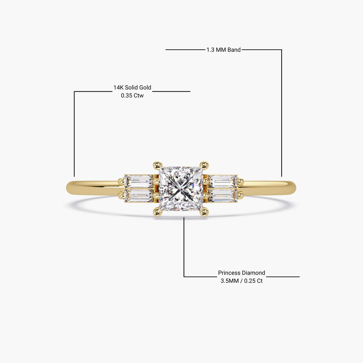 Yellow gold ring with measurements showing princess cut center diamond is 0.25ct, 3.5mm princess diamond. 1.3mm band width