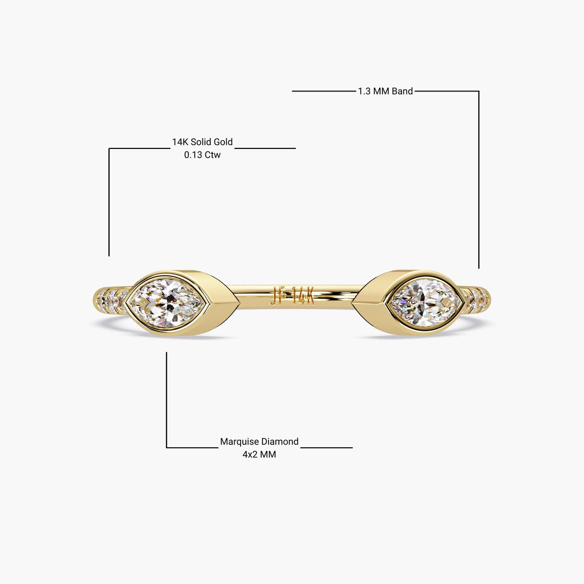 14K solid gold open ring featuring a 4x2 mm marquise diamond set in a bezel setting on each end, with three small round diamonds on each side of the 1.3 mm band, total 0.13 Ctw.