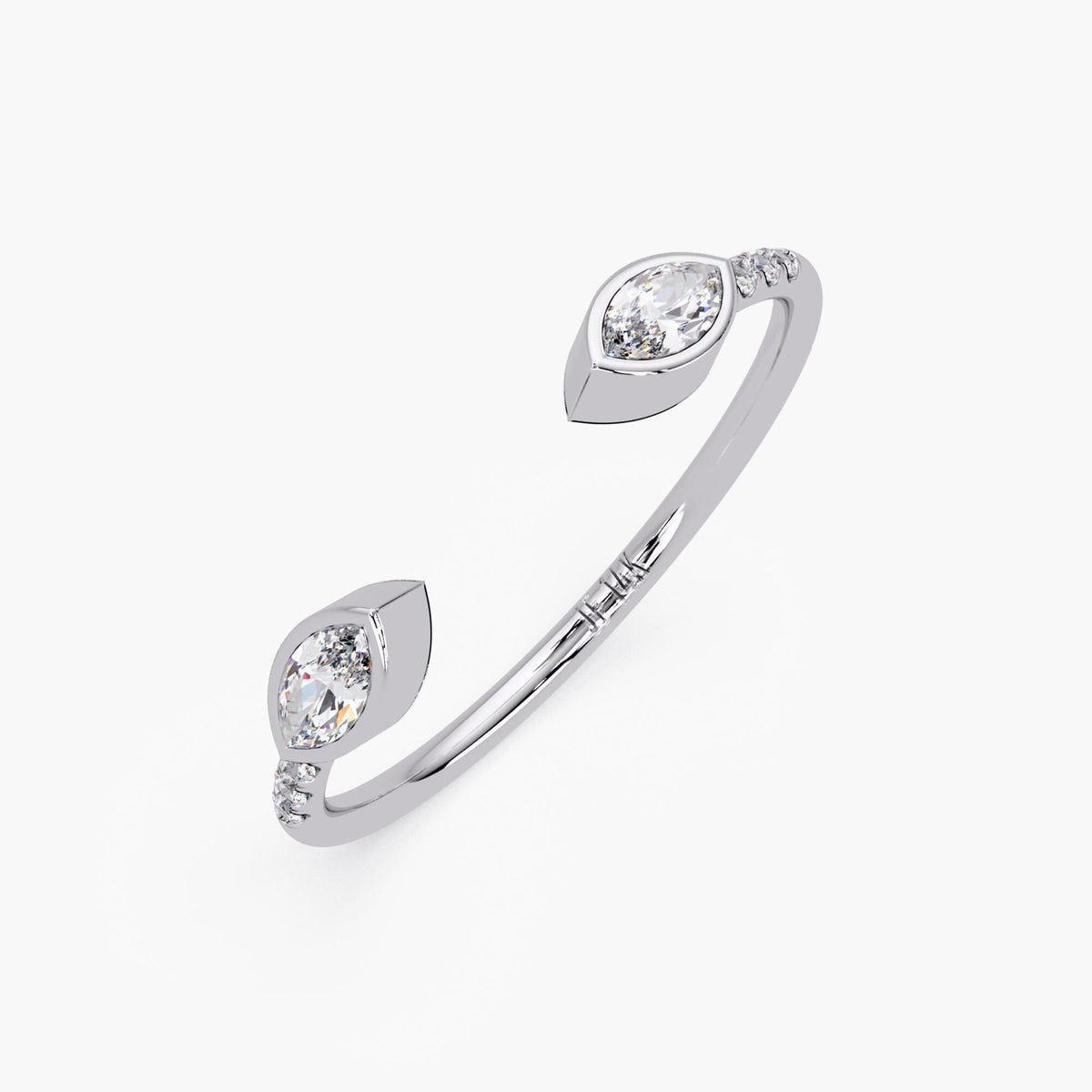 14K white gold open ring featuring a 4x2 mm marquise diamond set in a bezel setting on each end, with three small round diamonds on each side of the band.