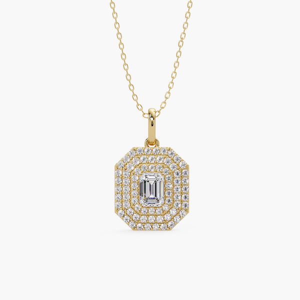 14K Gold Lab Grown Emerald Cut Diamond Pendant, Pave Rectangle Charm Necklace, Octagon Dog Tag Gift for Women, Graduation Jewelry