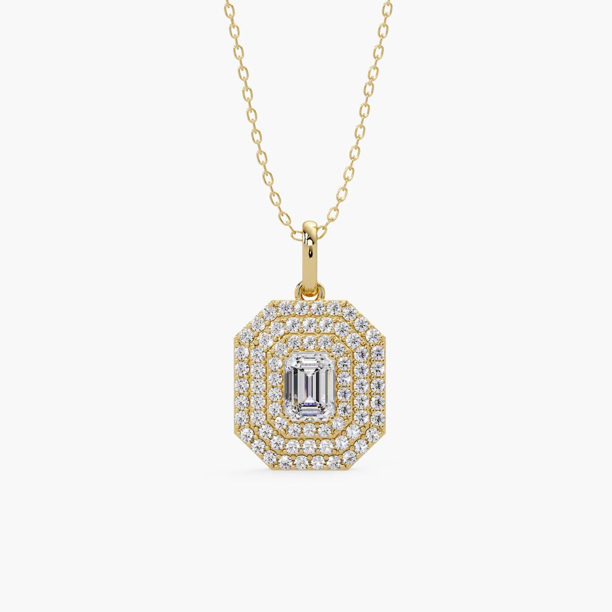Emerald cut lab grown diamond pendant necklace in 14K solid gold with halo setting, minimalist dainty fine jewelry for women