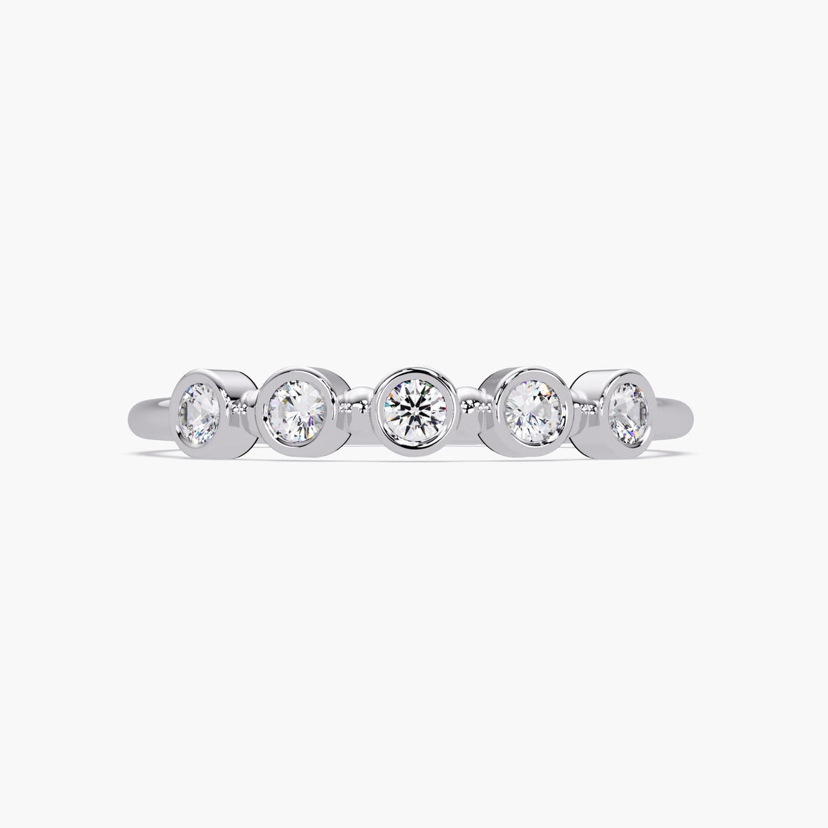 A 14K white gold band featuring five bezel-set round diamonds. The diamonds are arranged evenly along the band