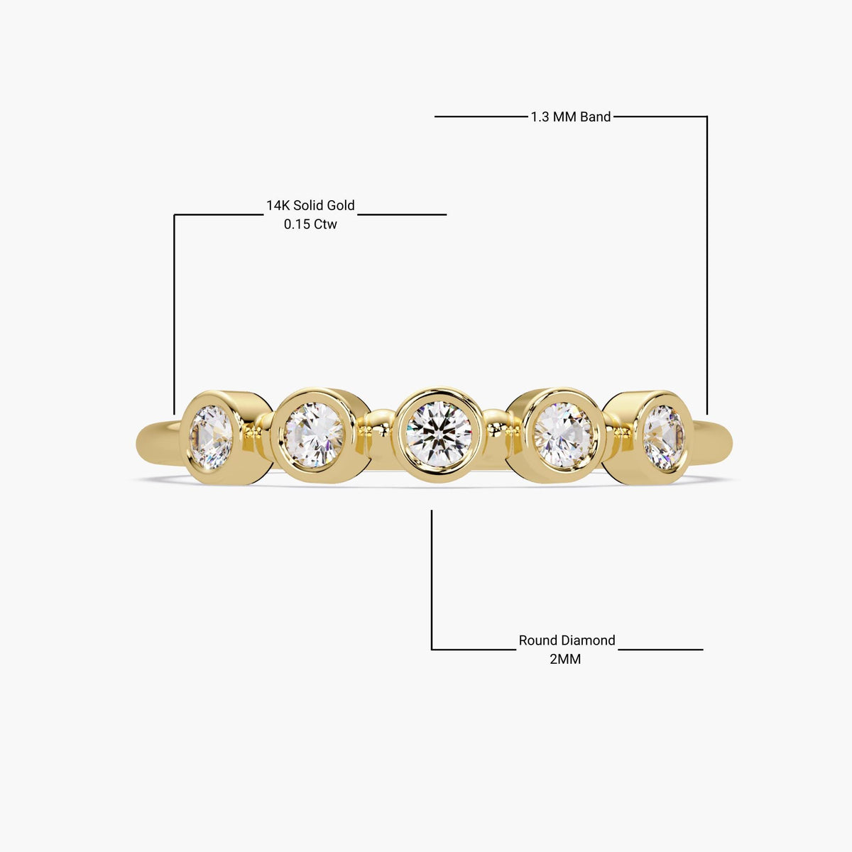 A 14K gold diamond band featuring five round diamonds (2mm each) set in bezel settings, with a 1.3mm band width. The total carat weight is 0.15 Ctw, shown against a white background.