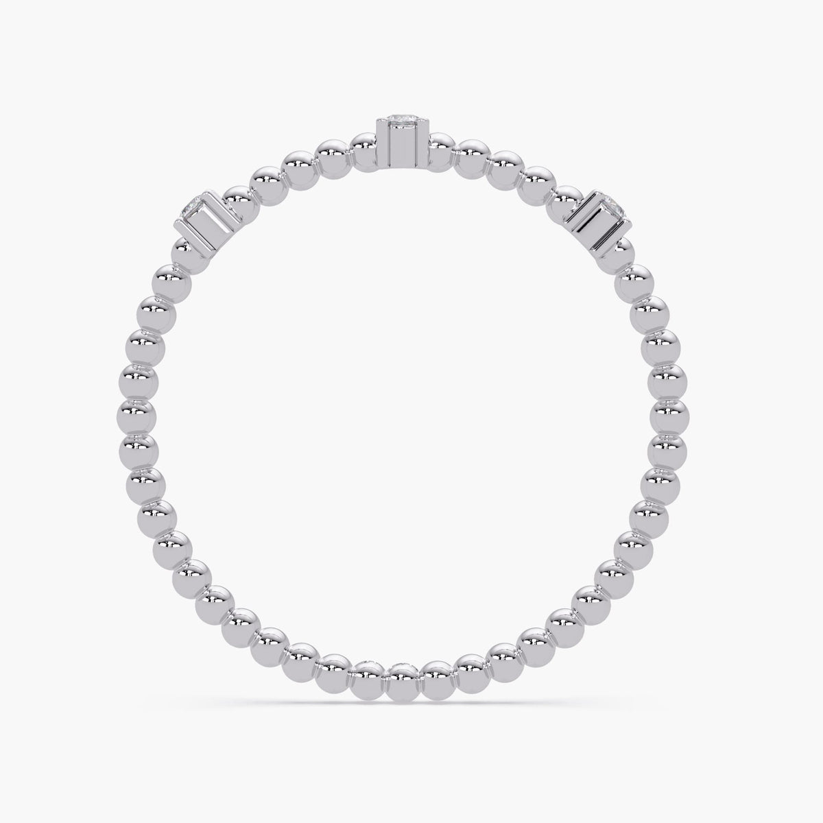 Side profile of a 14K white gold beaded ring, highlighting the evenly spaced three diamond settings around the slim, circular band.