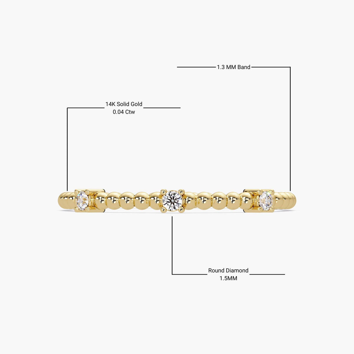 14K yellow gold beaded ring with three 1.5mm round diamonds, set in four-prong settings, featuring a 1.3mm band.