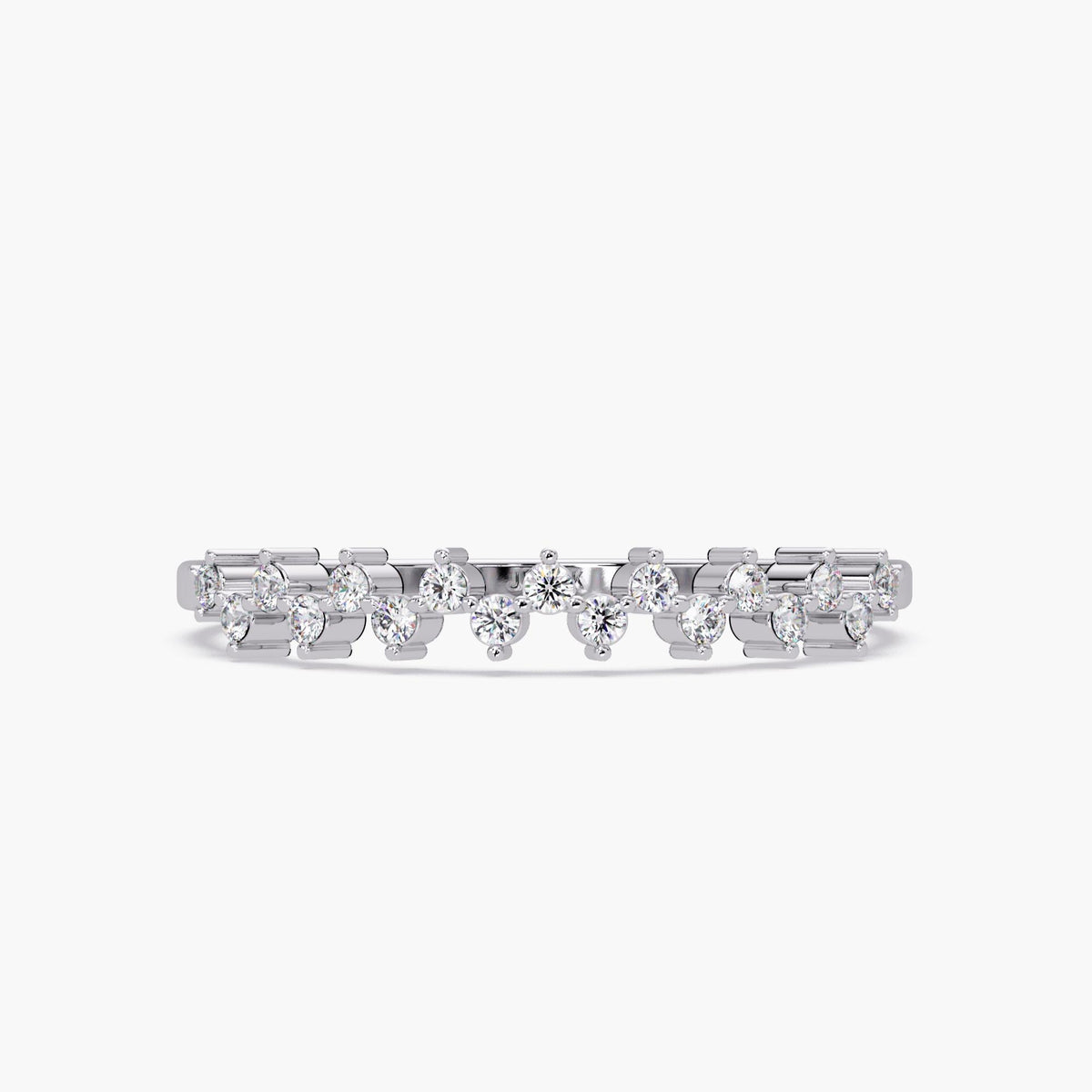 Front view of a 14K white gold zig zag ring featuring round diamonds set in a flowing, wave-like pattern across the band. Each diamond is prong-set in a symmetrical design, creating a refined and airy look.