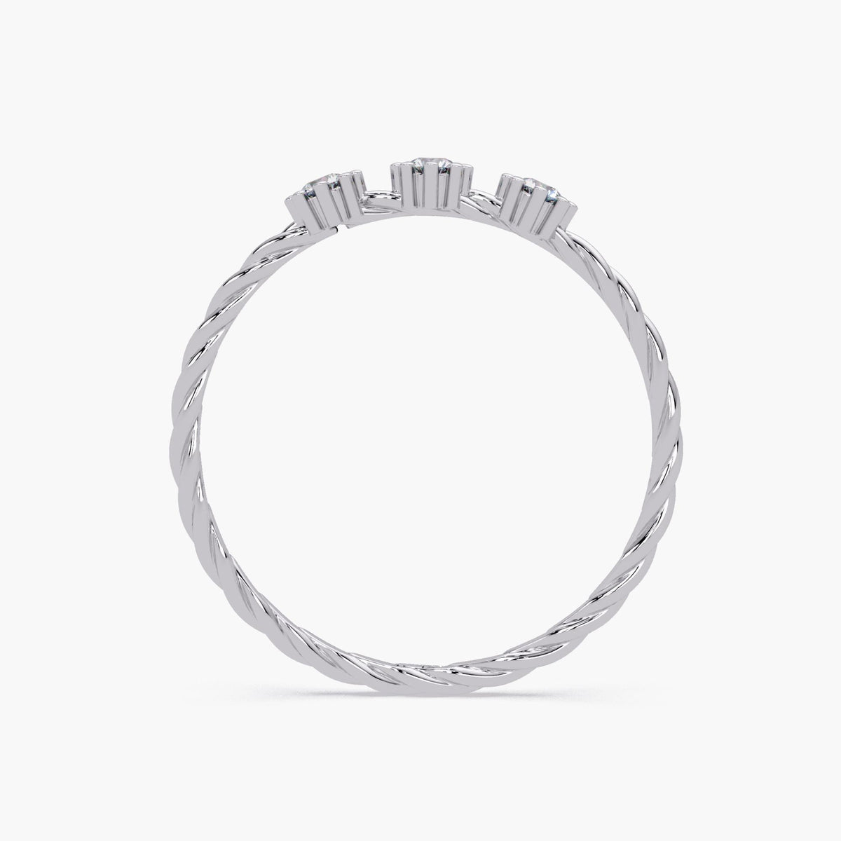 Side profile of a 14k white gold twisted band ring showing the height and setting of the three round natural diamonds in raised floral prongs.