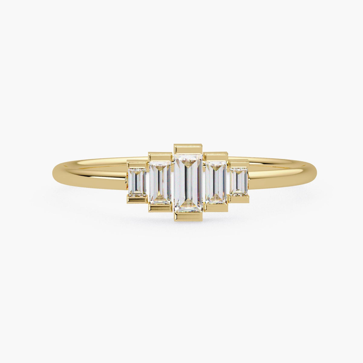 Front view of a 14k yellow gold ring featuring five step-set baguette lab grown diamonds in a geometric Art Deco-inspired half bezel setting.