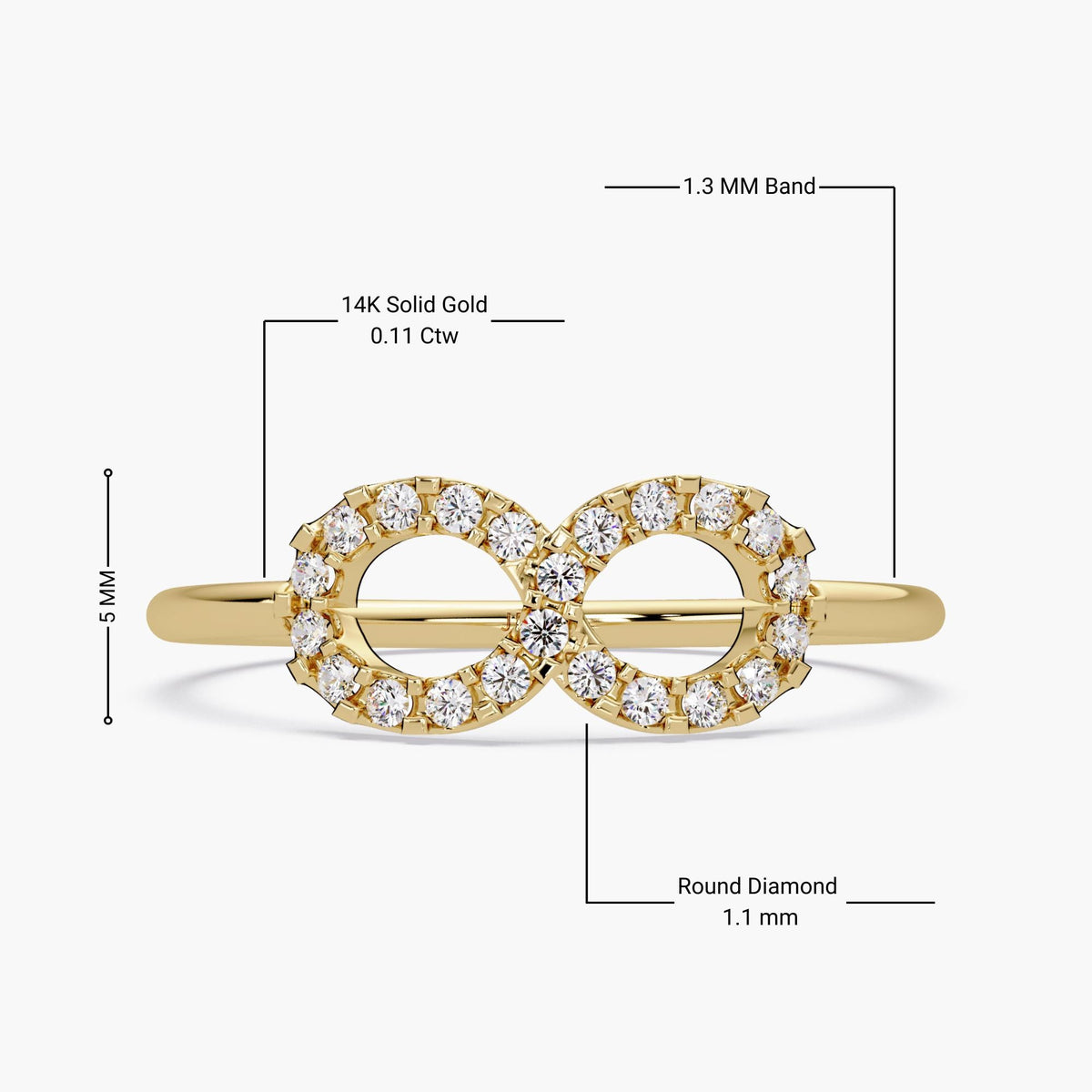 Front view of a 14k yellow gold infinity diamond ring with labeled dimensions: 0.11 ctw, 1.1 mm round diamonds, 1.3 mm band width, and 5 mm height for the infinity symbol.