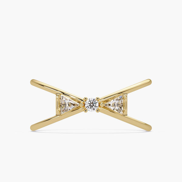 Diamond Bow Ring in 14K Gold, Criss Cross X Ring with Trillion & Round Lab Diamonds, Dainty Gold Ring, Gift for Her, Gift For Mom