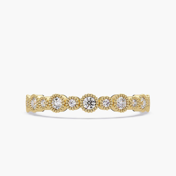 Milgrain Diamond Band in 14K Gold, 3.5mm Solid Gold Natural Diamond Ring, Vintage-Inspired Bezel Set Stackable Wedding Band, Gift for Her