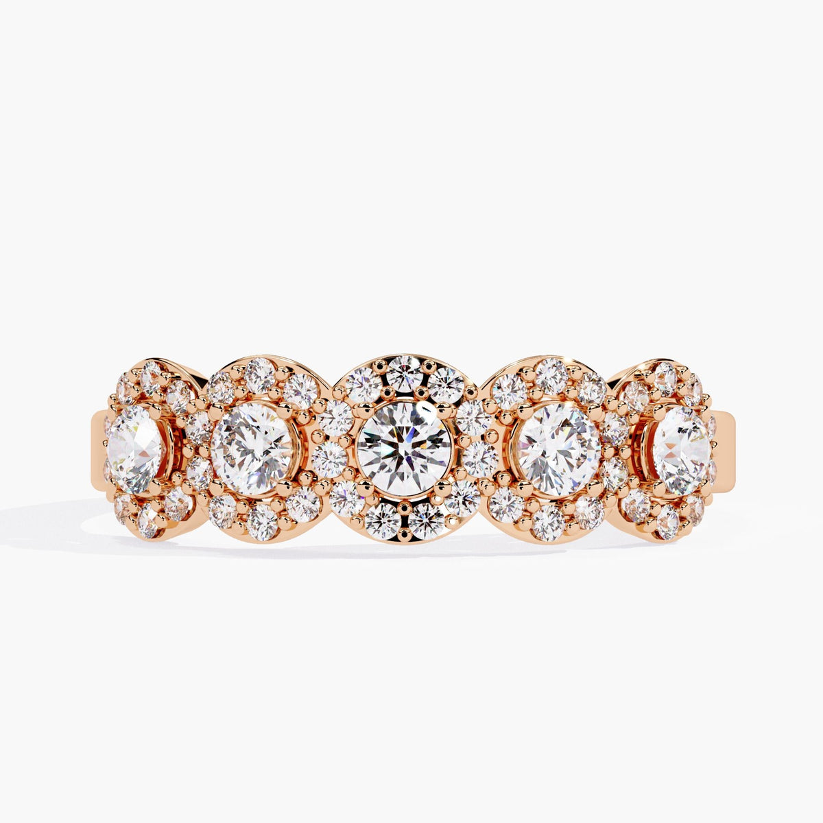 Front view of a 14k rose gold band featuring five round lab-grown diamonds, each surrounded by a halo of smaller diamonds. The soft blush tone paired with the bold cluster layout creates a romantic, vintage-inspired look suited for bridal wear or special gifting.