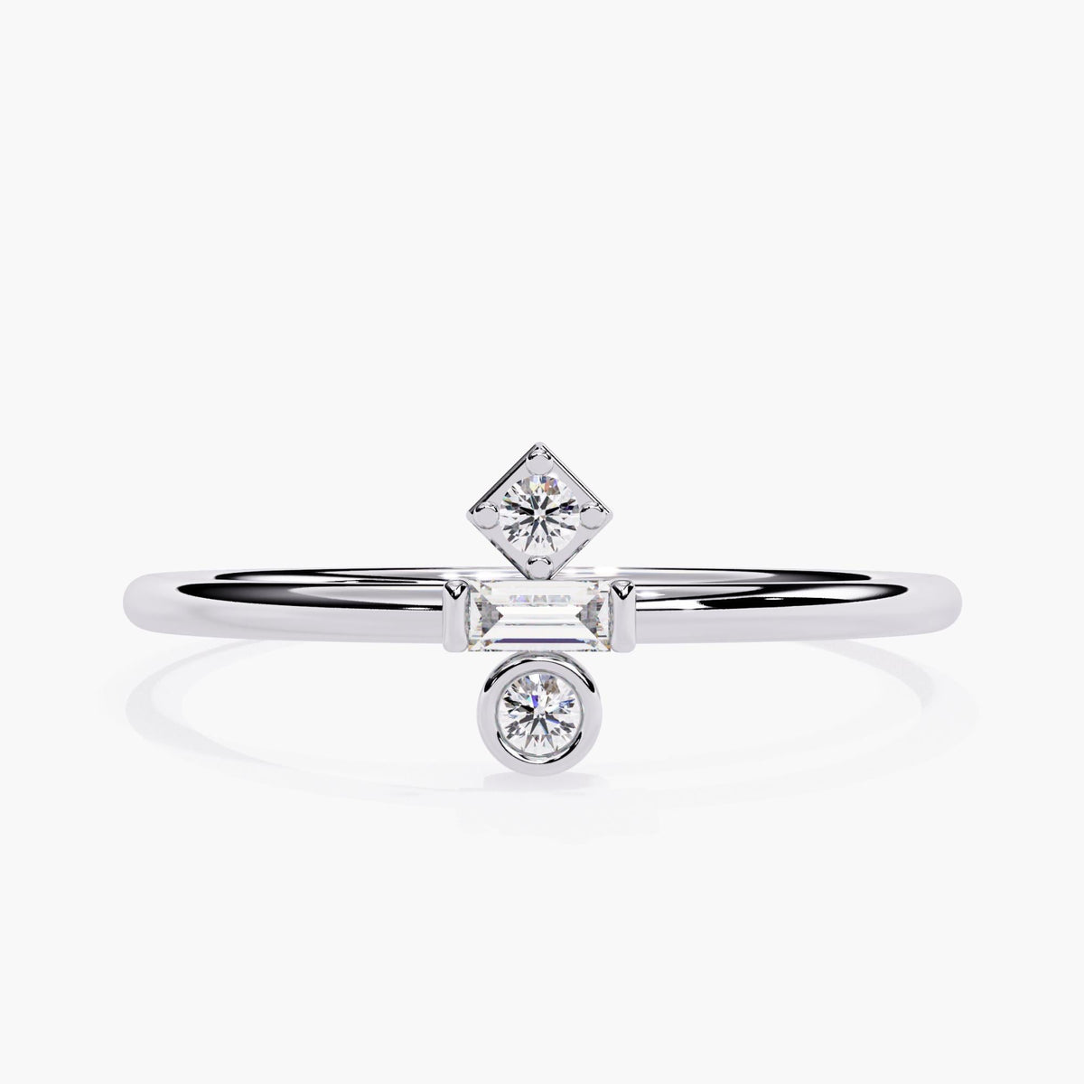 Front view of a 14k white gold ring with three lab-grown diamonds arranged in a geometric layout. The design features a square-set round diamond at the top, a horizontal baguette diamond in the center, and a bezel-set round diamond at the base. The cool-toned metal and clean lines give it a sculptural, contemporary feel, ideal for stacking or gifting.