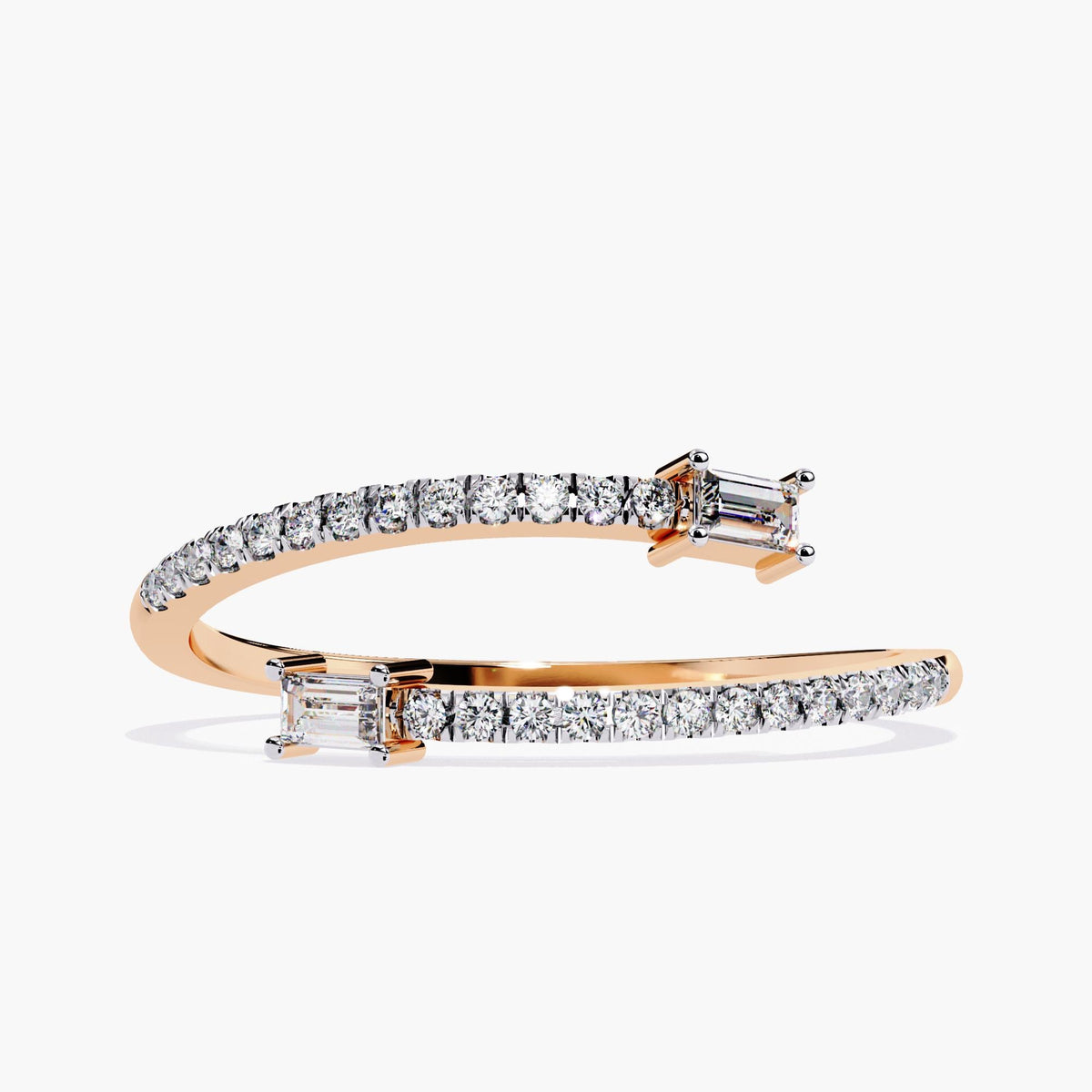 Front view of a 14k rose gold open wrap ring with pavé-set round diamonds along the band and two horizontally-set baguette diamonds at the ends.
The tapered open silhouette is intended for stacking or solo wear.
Designed with geometric contrast between round and step-cut stones.