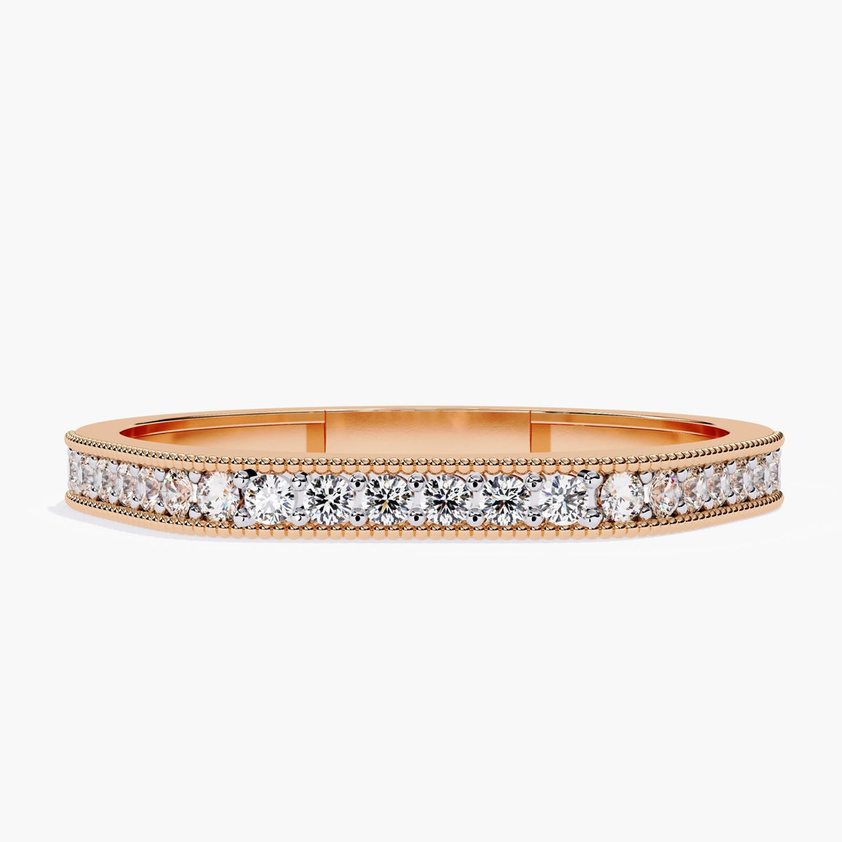 Front view of a 14k rose gold band featuring lab-grown round diamonds in a pavé setting, framed by delicate milgrain borders. The flat top and structured profile make it ideal for stacking with slim rings or pairing with minimal wedding bands.